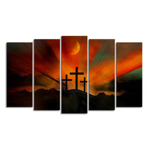 Three Cross Silhouette Canvas Wall Painting of Five Pieces Set