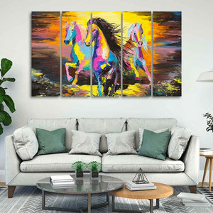 Three Running Horses Abstract Art Canvas Five Pieces Wall Painting