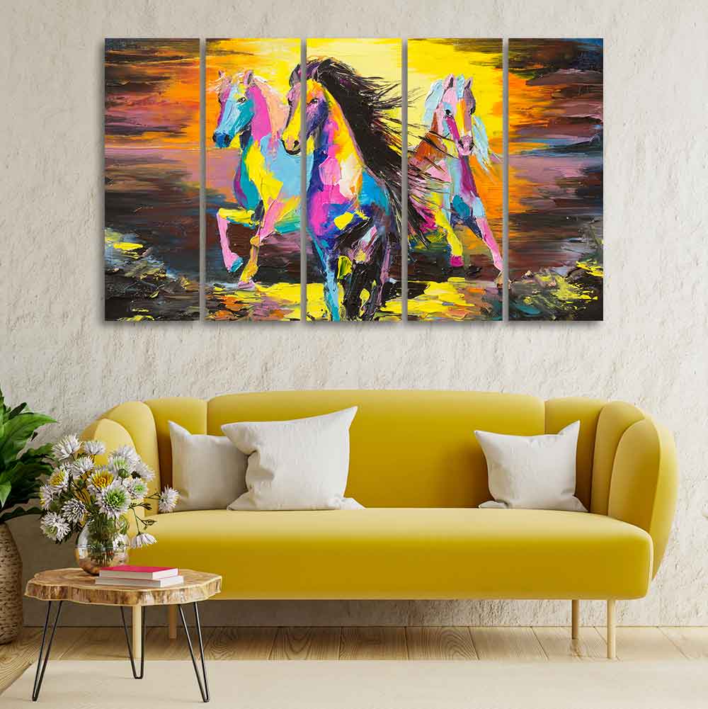 Three Running Horses Abstract Art Canvas Five Pieces Wall Painting