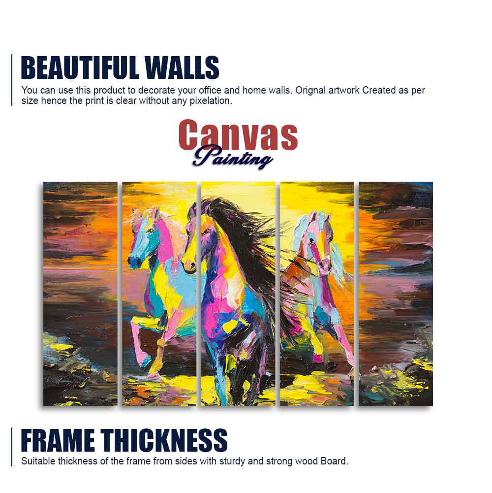 Three Running Horses Abstract Art Canvas Five Pieces Wall Painting