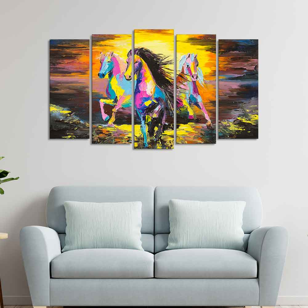 Three Running Horses Abstract Art Five Pieces Canvas Wall Painting