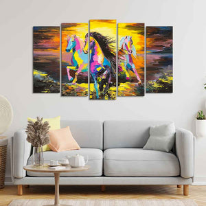 Three Running Horses Abstract Art Five Pieces Canvas Wall Painting