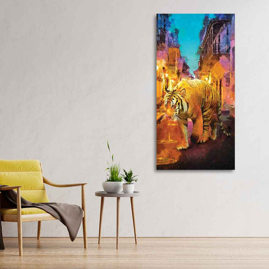 Tiger Walking in Street Premium Canvas Wall Painting