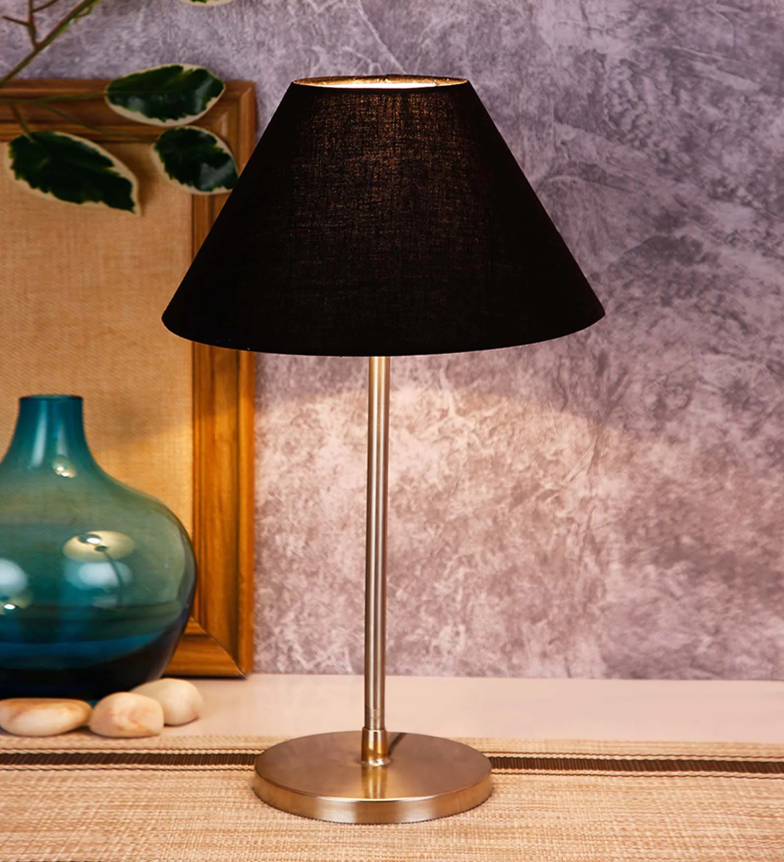 Traditional Cotton Shade Table Lamp with Steel Base