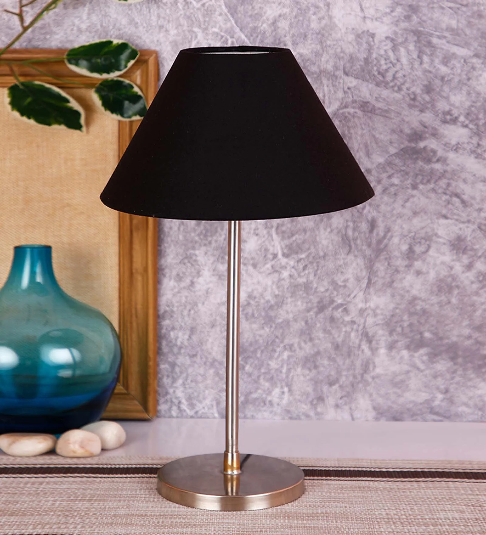 Traditional Cotton Shade Table Lamp with Steel Base