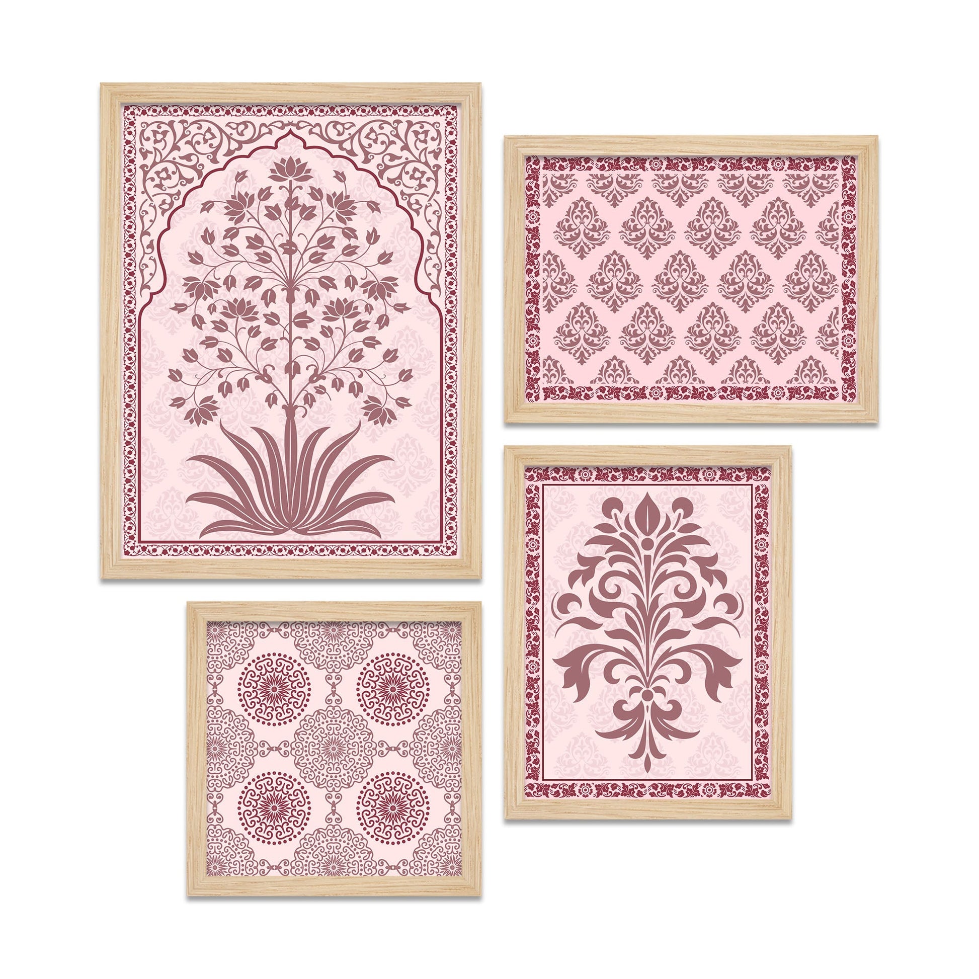 Traditional Flower Pattern with Pink Shade Art Wall Frame Set of Four