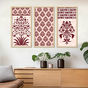 Traditional Flower Pattern with Pink Shade Art Wall Frame Set of Three