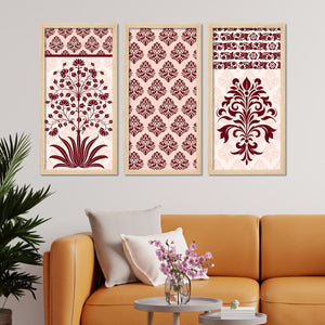 Traditional Flower Pattern with Pink Shade Art Wall Frame Set of Three