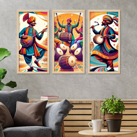 Traditional Indian Culture Lohri Festival Art Wooden Wall Frame Set of Three