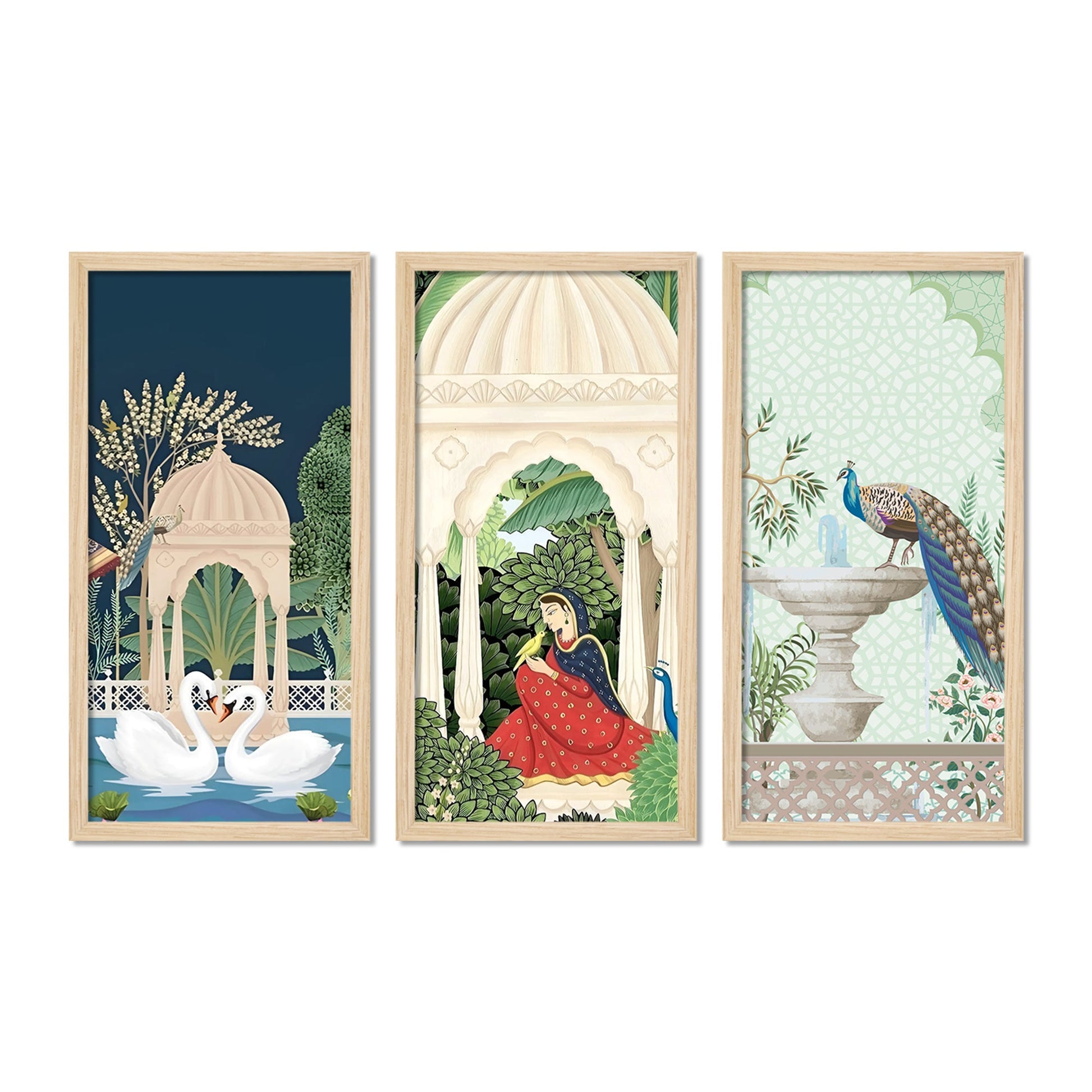 Traditional Mughal Garden View Wooden Wall Frame Set of Three