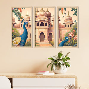 Traditional Mughal Garden View Wooden Wall Frame Set of Three