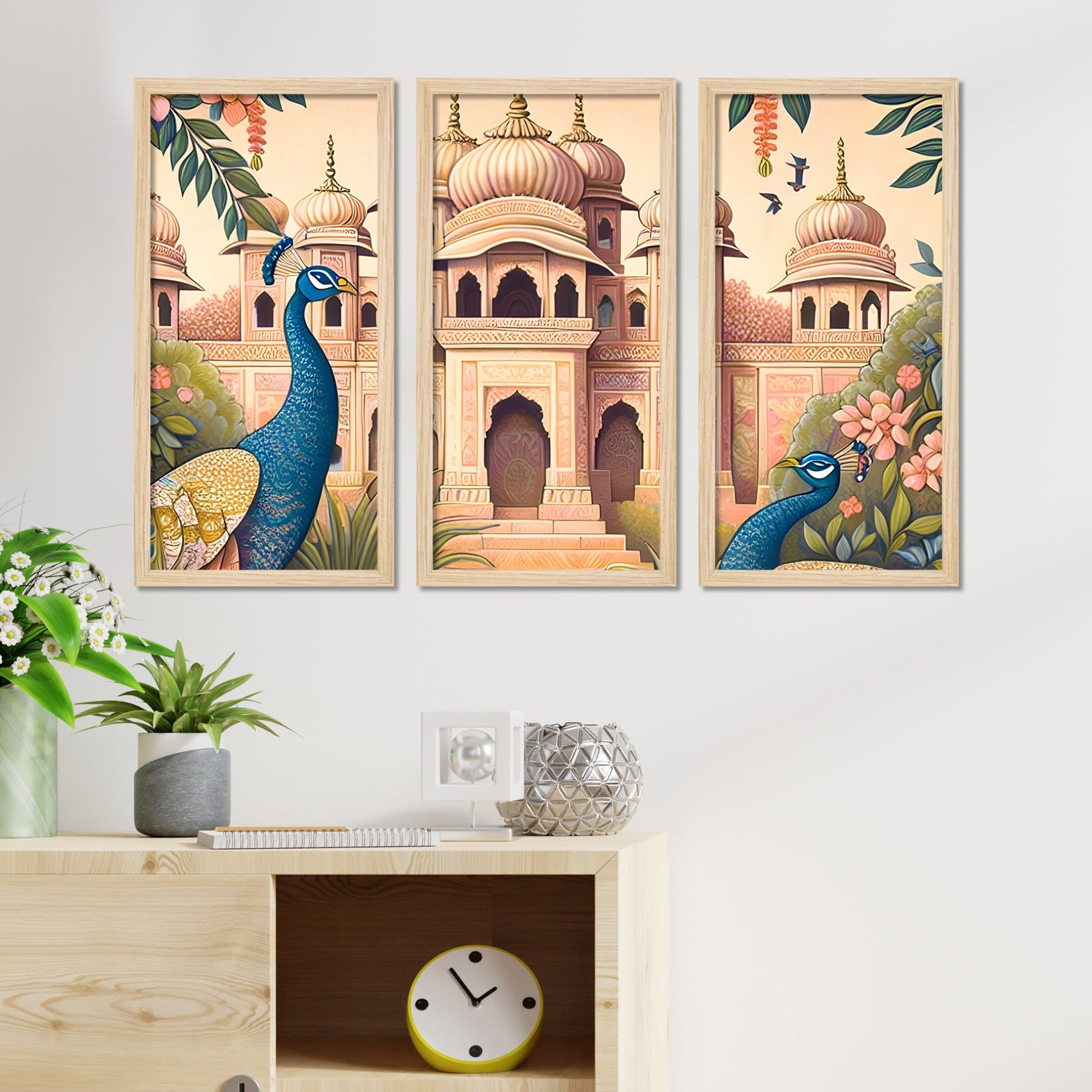 Traditional Mughal Garden View Wooden Wall Frame Set of Three