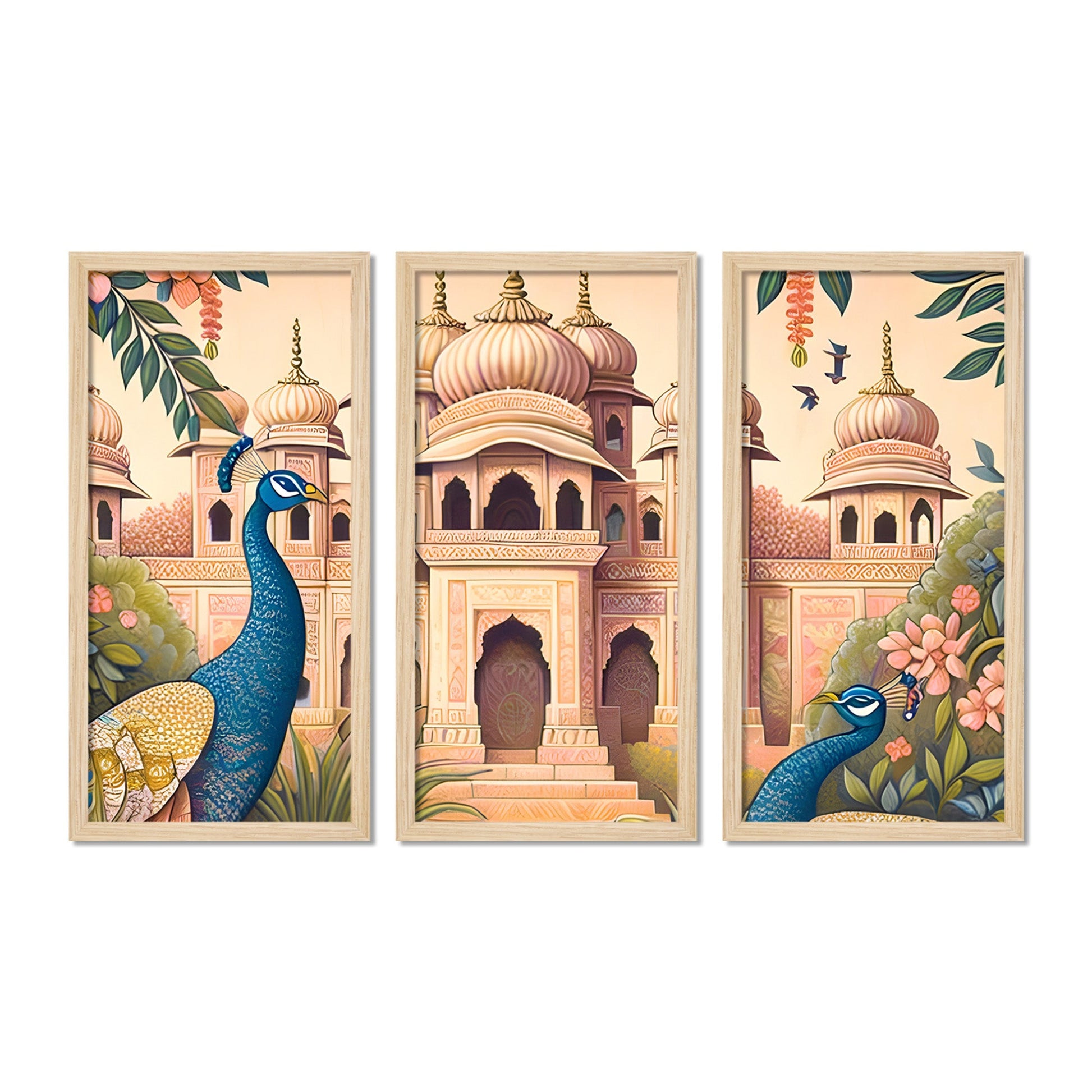 Traditional Mughal Garden View Wooden Wall Frame Set of Three