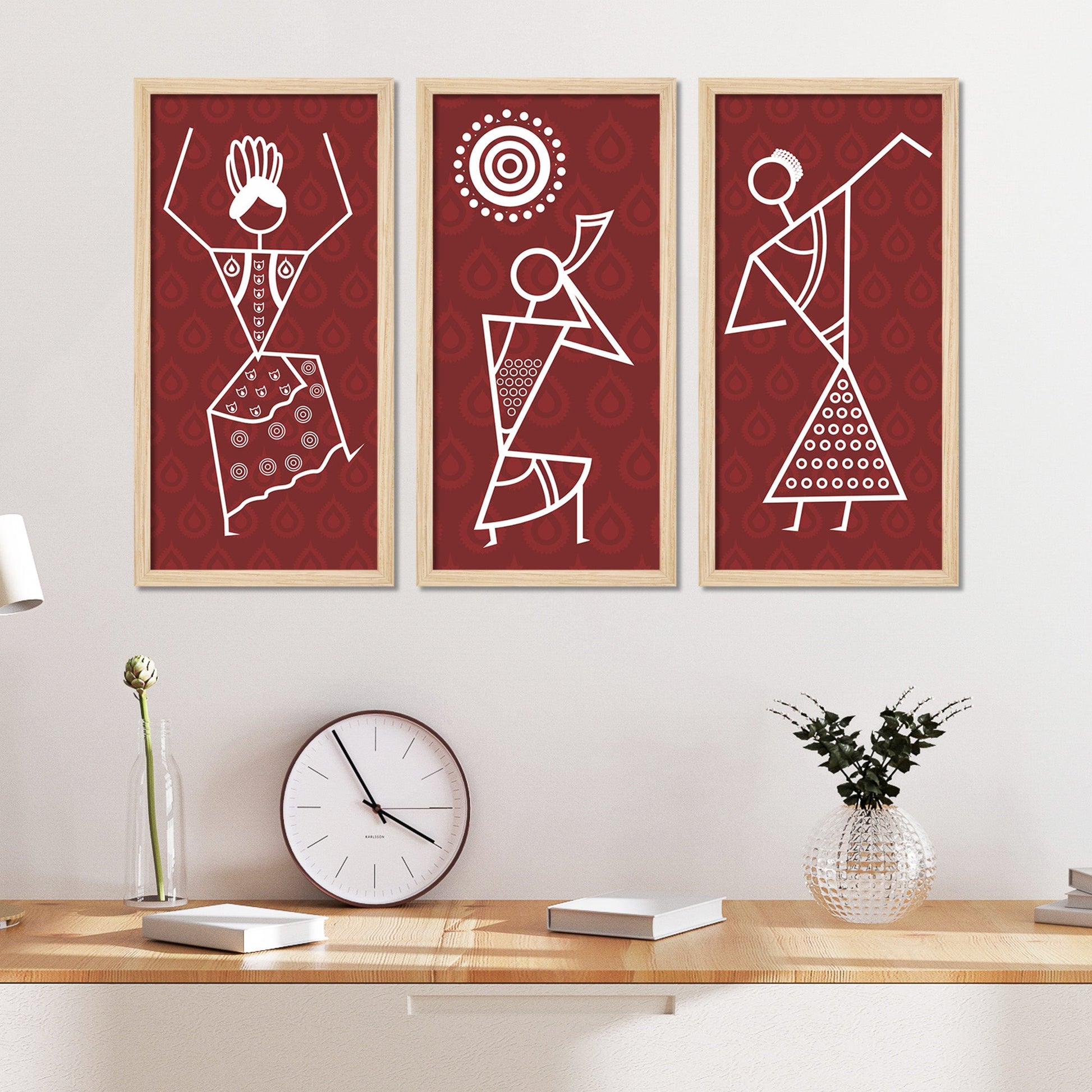 Traditional Warli Art Indian Rural Life Wall Frame Set of Three