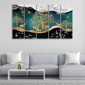 Trees and Deer Canvas Wall Painting Set of Five