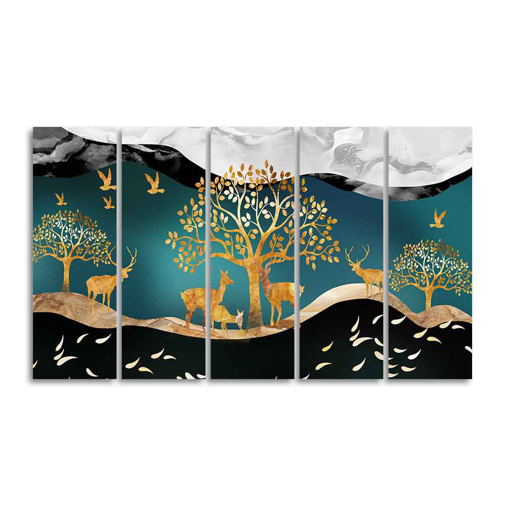 Trees and Deer Canvas Wall Painting Set of Five