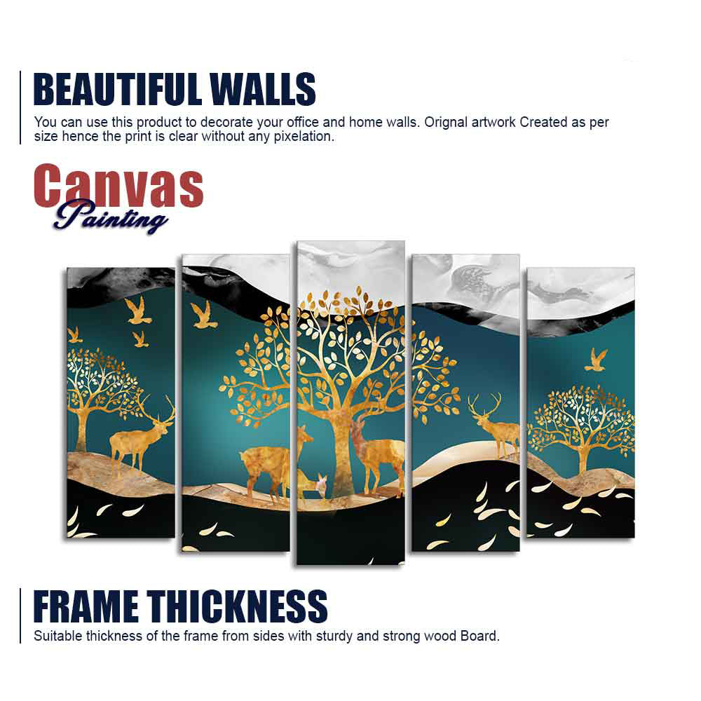 Trees and Deer Canvas Wall Painting Set of Five Pieces