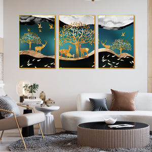 Trees and Deer Floating Canvas Wall Painting Set of Three