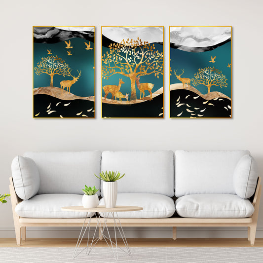 Trees and Deer Floating Canvas Wall Painting Set of Three