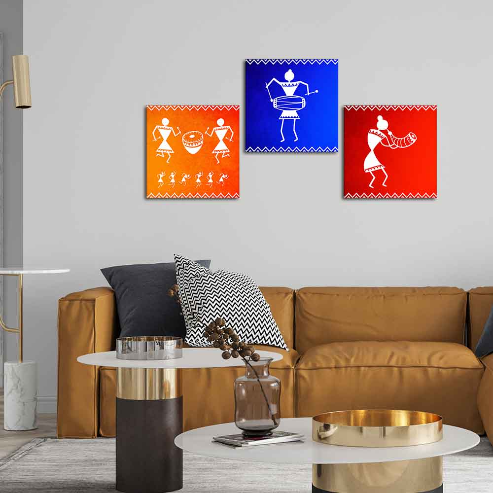 Tribal Music Warli Art Wall Hanging Painting Set of Three