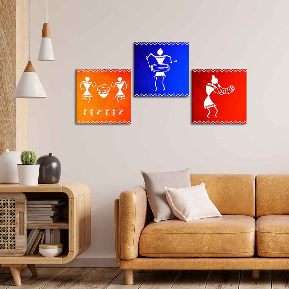 Tribal Music Warli Art Wall Hanging Painting Set of Three