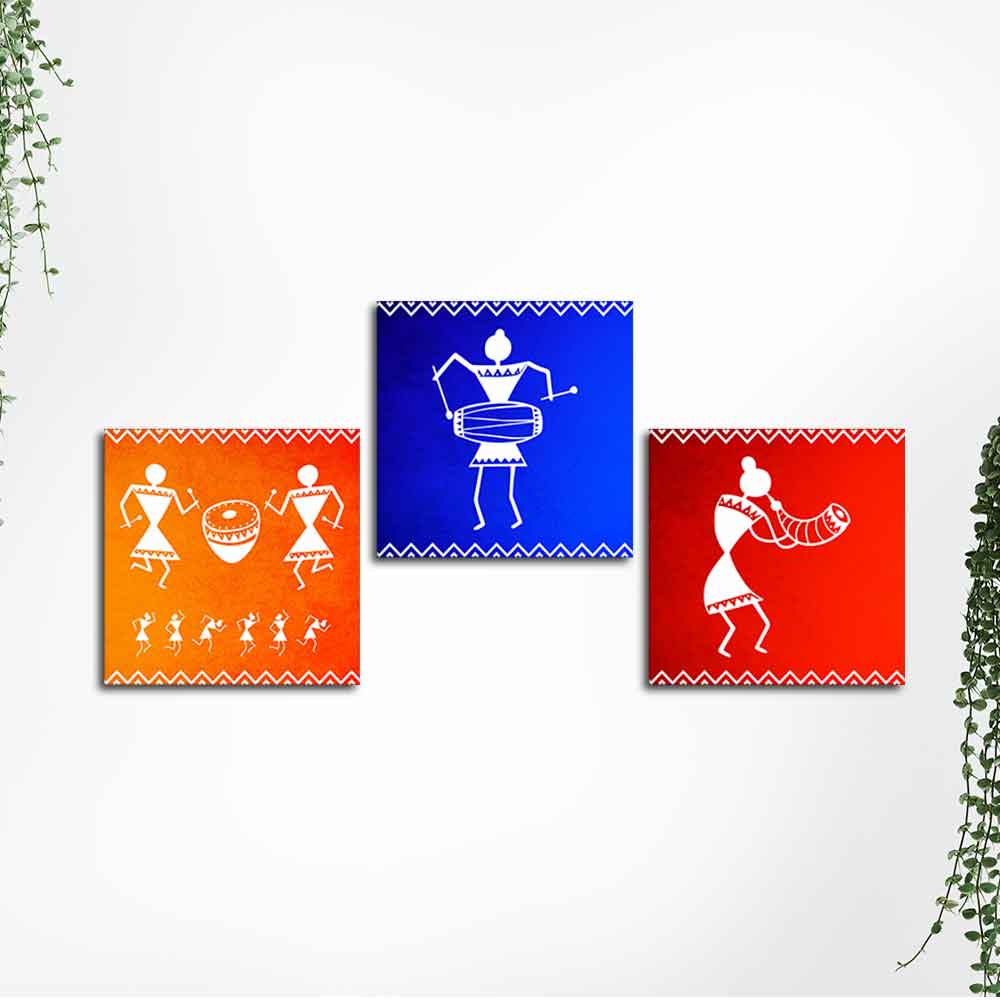 Tribal Music Warli Art Wall Hanging Painting Set of Three