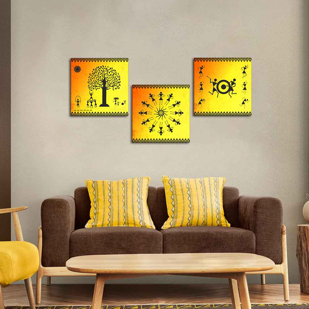 Tribal Warli Art Wall Hanging Painting, Set of Three Panels