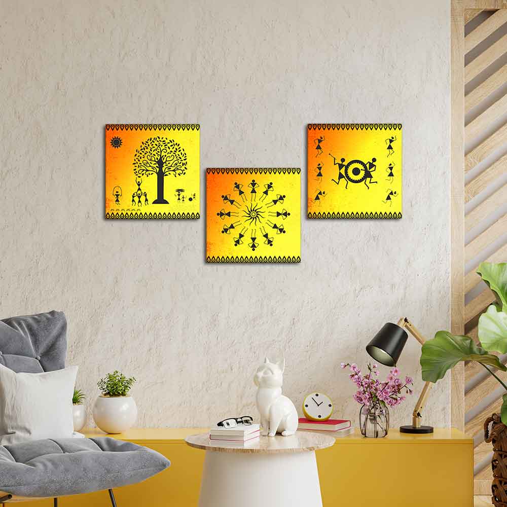 Tribal Warli Art Wall Hanging Painting, Set of Three Panels