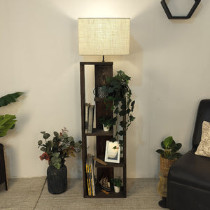 Tripod Beige Wooden Floor Lamp with Shelf Natural Jute Shade