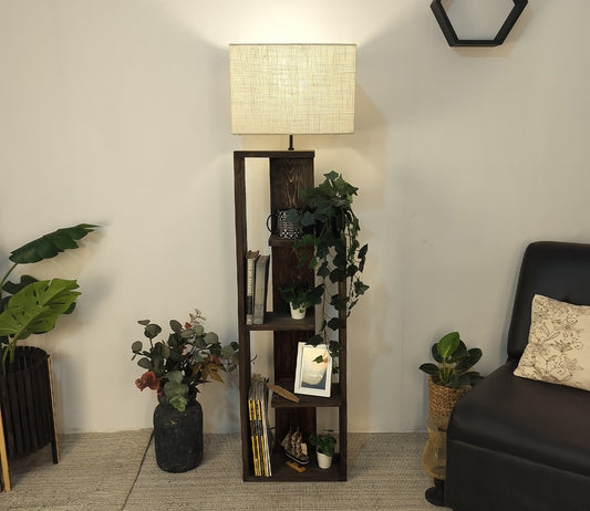 Tripod Beige Wooden Floor Lamp with Shelf Natural Jute Shade