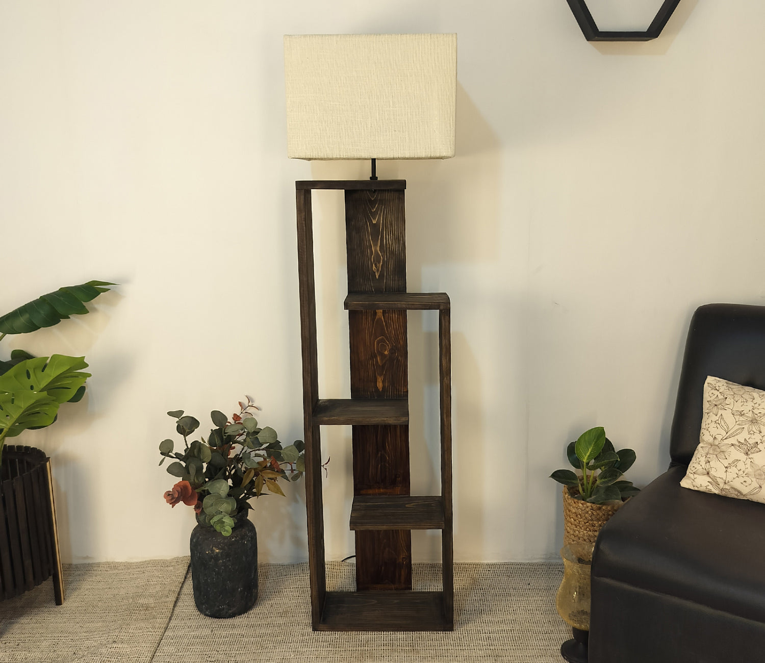 Tripod Beige Wooden Floor Lamp with Shelf Natural Jute Shade