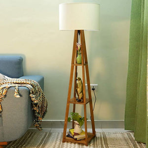 Tripod Beige Wooden Floor Lamp with Shelf Natural White Shade