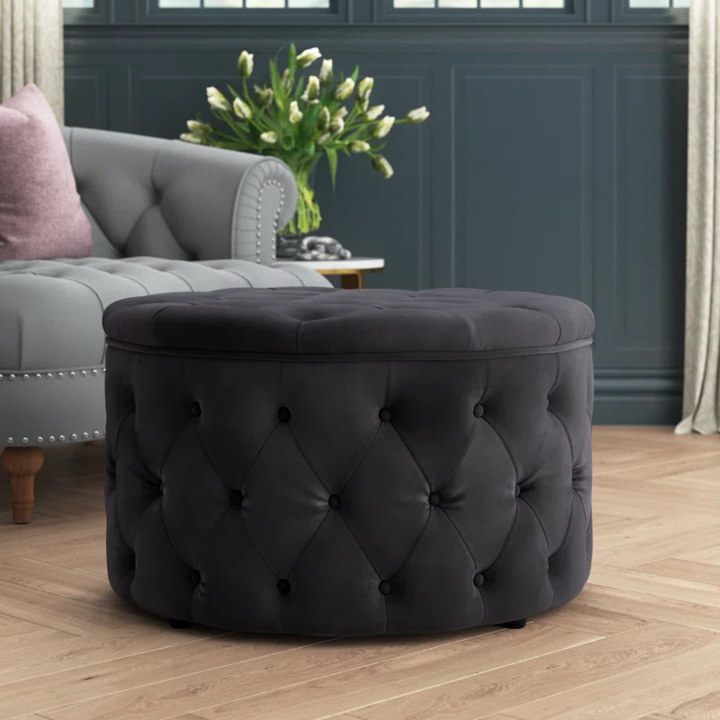 Tufted Black Color Large Round Shape Storage Ottoman – Homcraft
