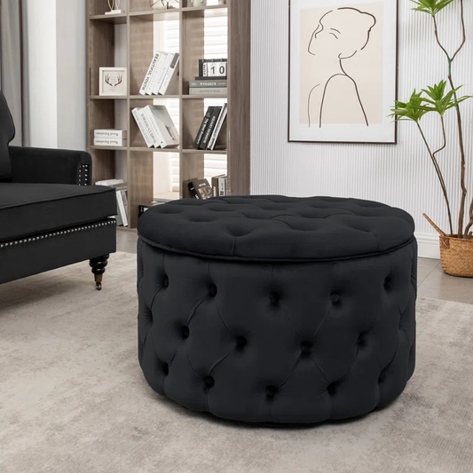 Tufted Black Color Large Round Shape Storage Ottoman