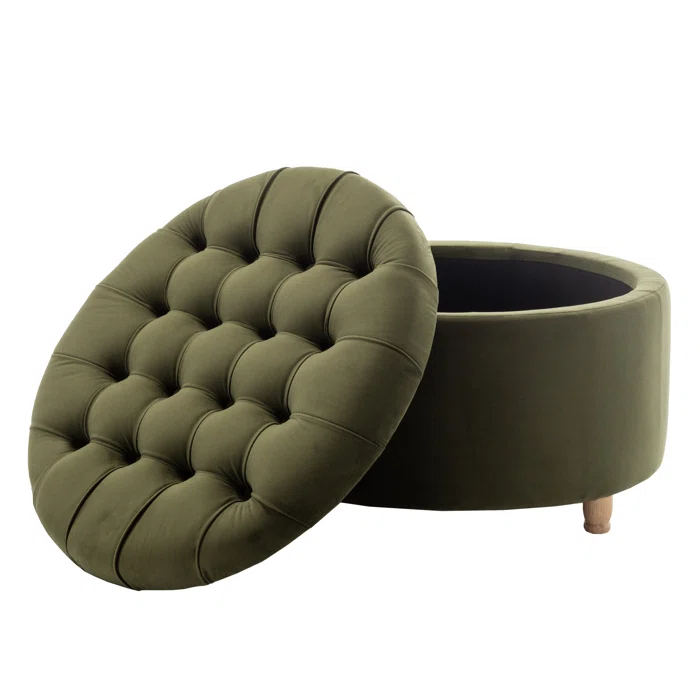 Tufted Olive Green Large Round Shape Storage Ottoman