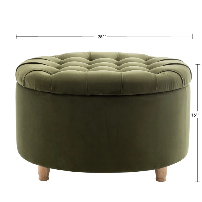 Tufted Olive Green Large Round Shape Storage Ottoman