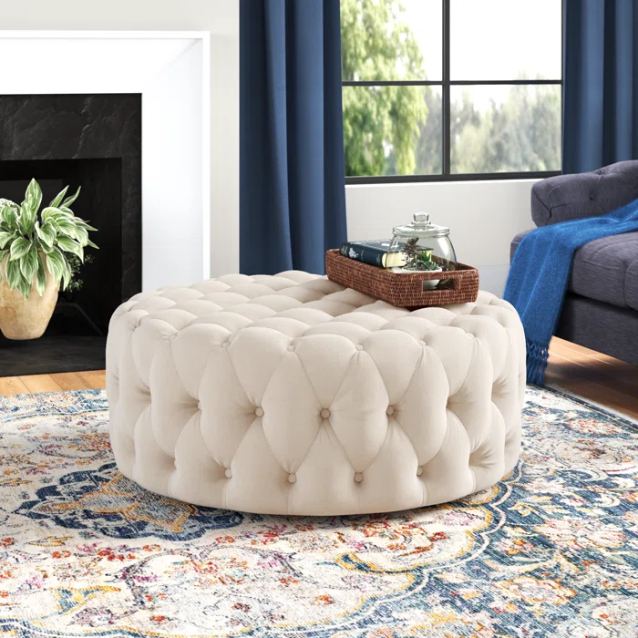 Tufted White Round Shape Velvet Ottoman