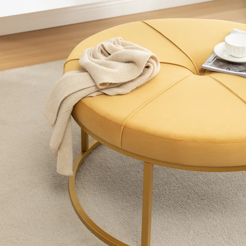 Tufted Wide Yellow Color Round Velvet Ottoman with Golden Metal Frame