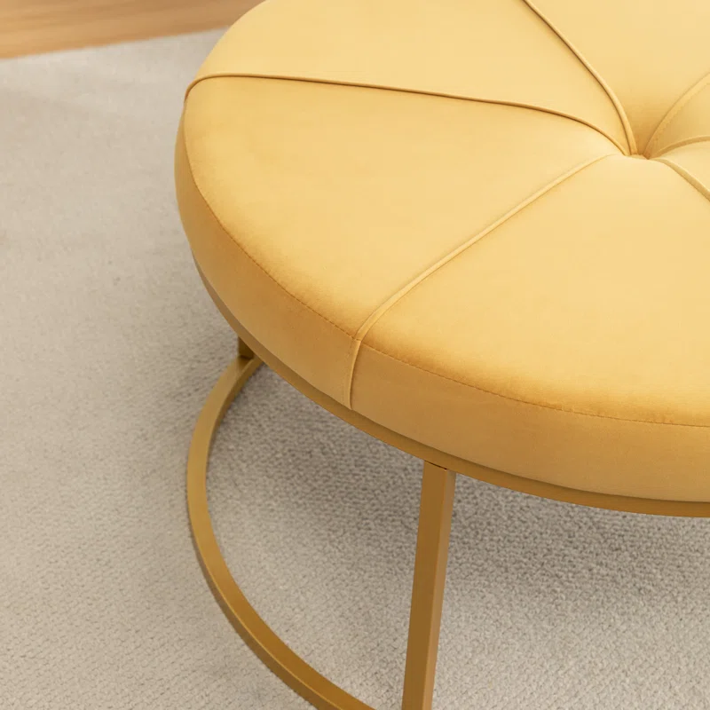 Tufted Wide Yellow Color Round Velvet Ottoman with Golden Metal Frame