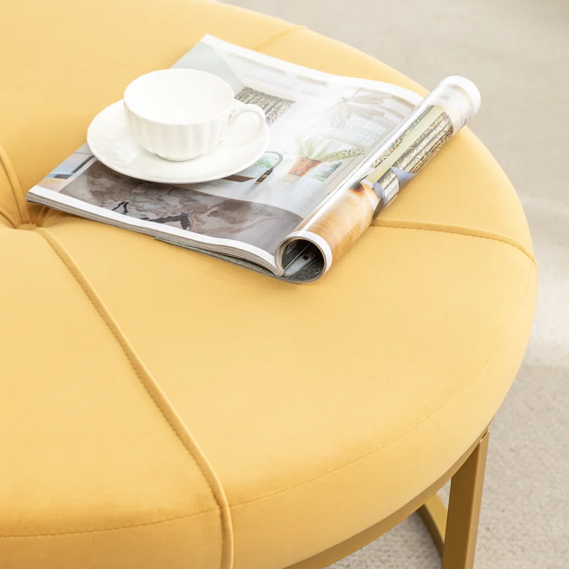 Tufted Wide Yellow Color Round Velvet Ottoman with Golden Metal Frame