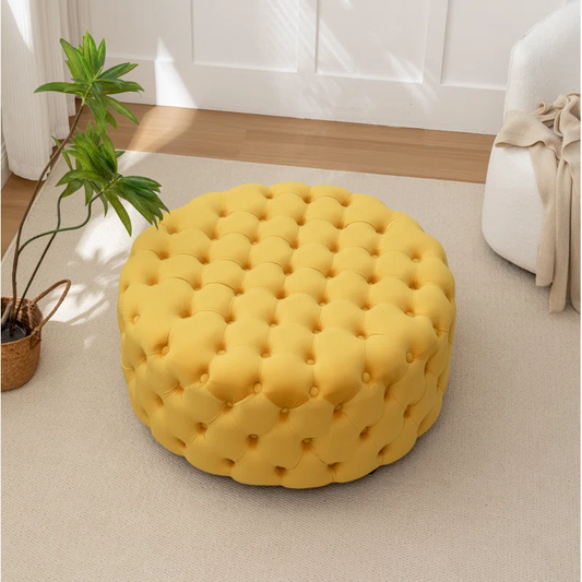 Tufted Yellow Round Shape Velvet Ottoman