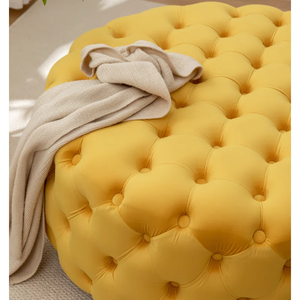 Tufted Yellow Round Shape Velvet Ottoman