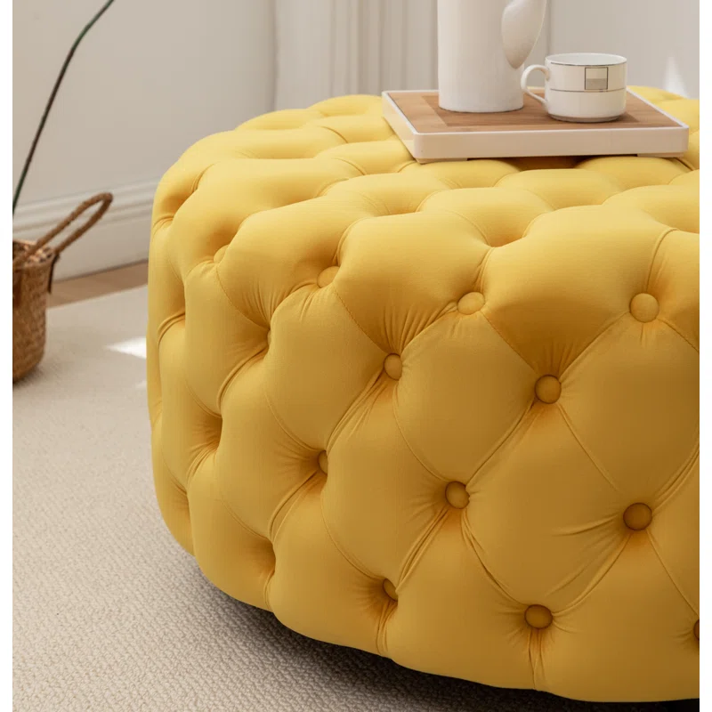 Tufted Yellow Round Shape Velvet Ottoman