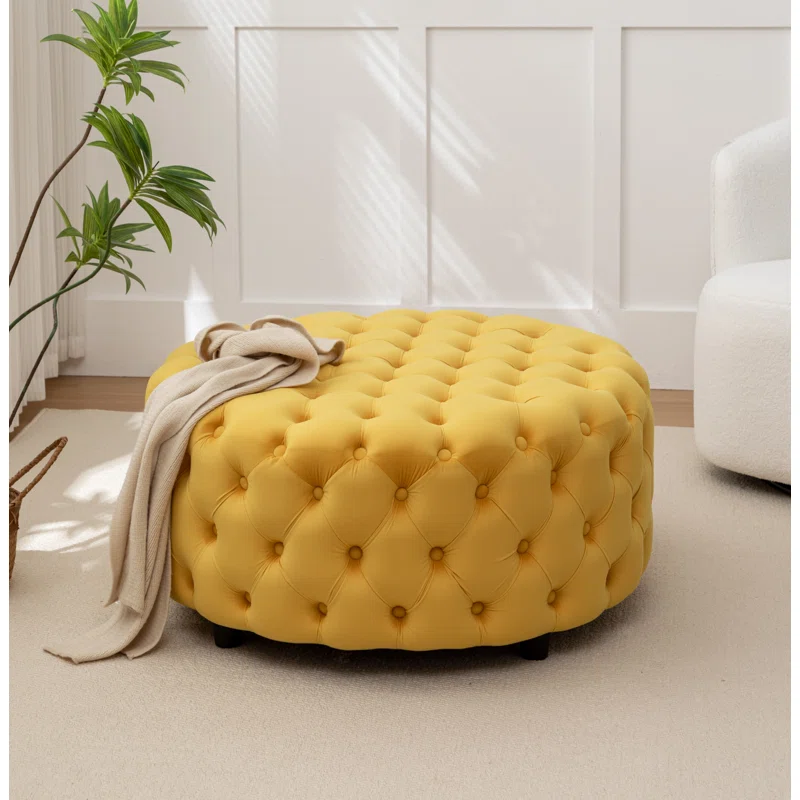 Tufted Yellow Round Shape Velvet Ottoman