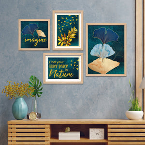 Turquoise Ginkgo Leaf Nature Art Wall Frame Set of Four