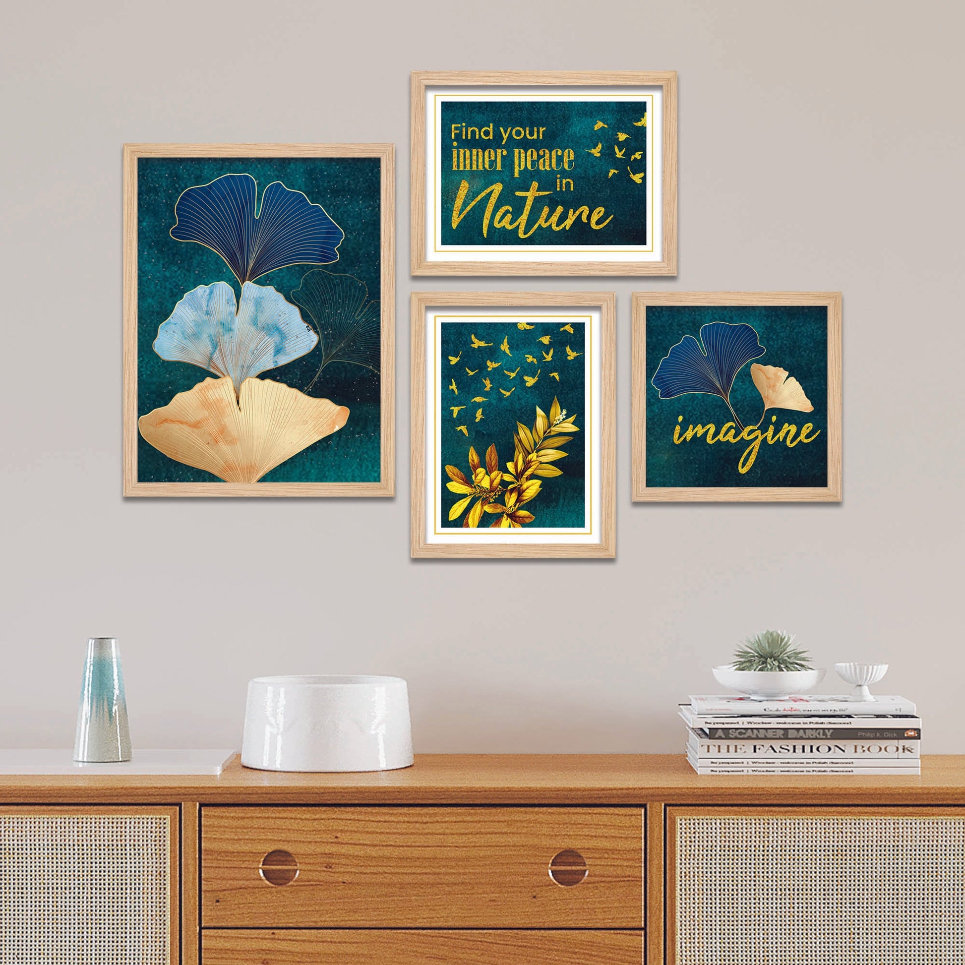 Turquoise Ginkgo Leaf Nature Art Wall Frame Set of Four