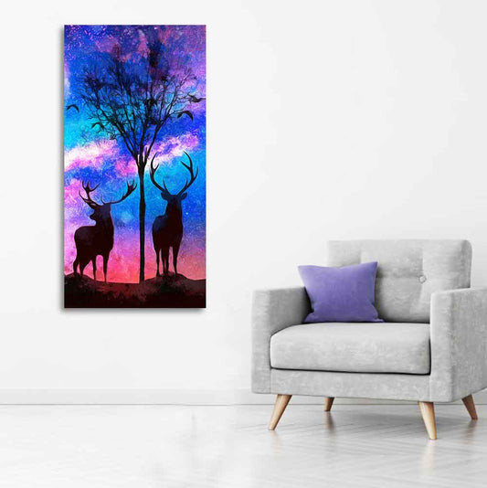 Two Deer in Forest at Night Premium Canvas Wall Painting