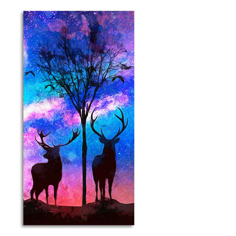 Two Deer in Forest at Night Premium Canvas Wall Painting