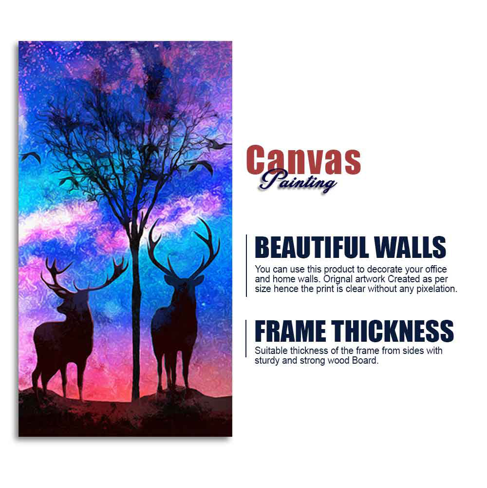 Two Deer in Forest at Night Premium Canvas Wall Painting