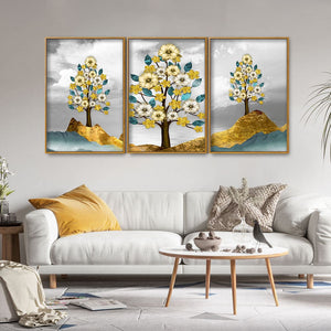 Unique Golden Trees Floating Canvas Wall Painting Set of Three